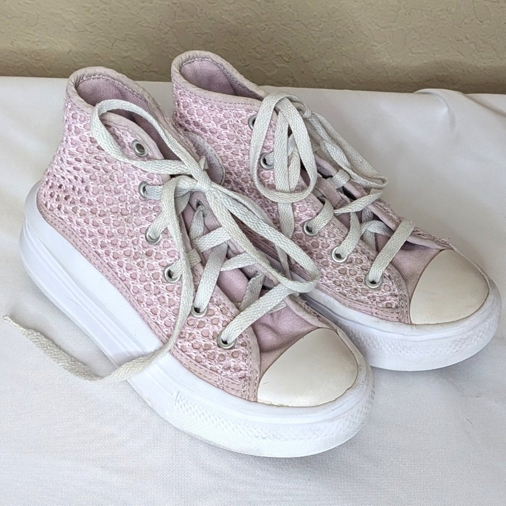 Converse All‎ Star Lift Platform High Top Sneakers Pink Crochet Youth 3.5